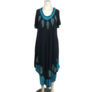 SAKKAS - WOMEN'S ONE SIZE - BLACK /TURQUOISE - SHORT SLEEVE BOHO DRESS